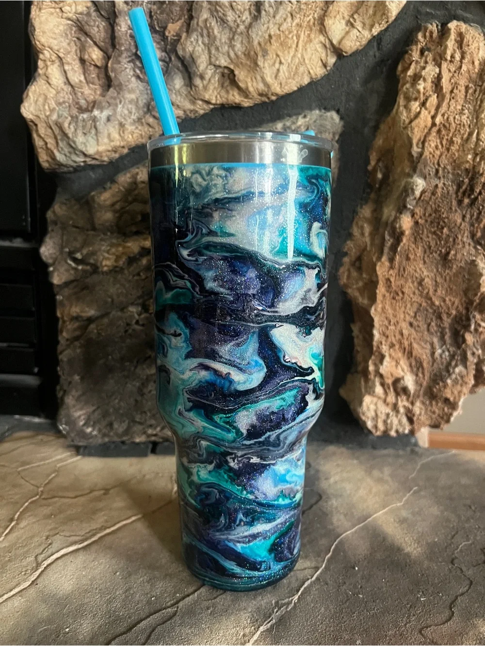 Blue Teal Marble Stainless Tumbler with Handle - Picture 2 of 5
